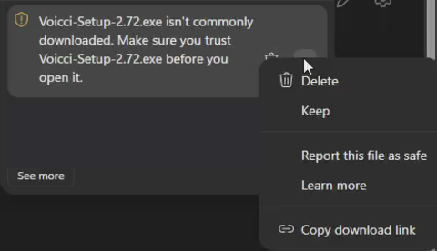Edge Downloads panel flagging the file as not commonly downloaded, with the three-dot menu open on Keep